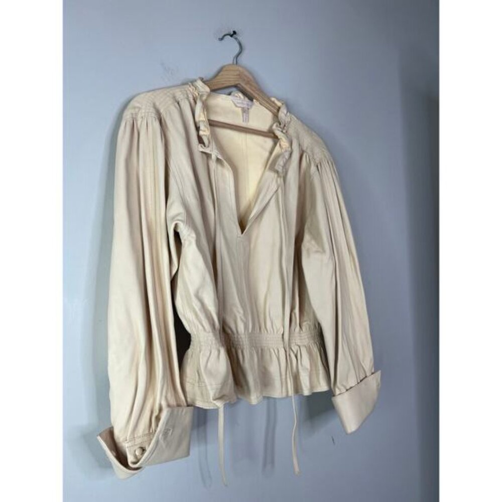 NEW Rebecca Taylor Long Sleeve Straw Smocked Waist Leather Blouse Top Cream - Picture 3 of 7